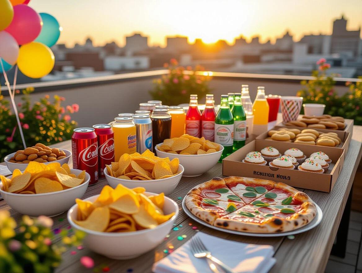 Realistic rooftop terrace party setup at sunset. Table displayed with an array of snacks and food. Bowls filled with crispy chips. Assorted soda cans and beverage bottles visible. Pizza boxes showing logos stacked on the table. Cupcakes and cookies served on trays. Detailed serving platters with snacks. Colorful party decorations such as balloons and confetti in the background. Natural sunlight creating soft shadows over the layout. Labels on food and drinks remain clearly visible. High-quality food textures with sharp focus. Ideal for festive gatherings.