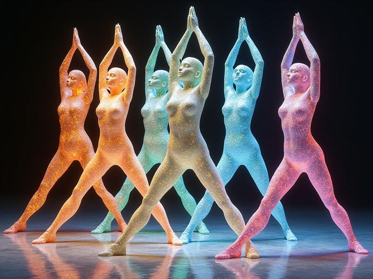 3D ultrarealistic anthropomorphic glass crystal females performing yoga poses in group. Each figure glows in a unique color. Displaying vibrant and soft colors with wide open legs.