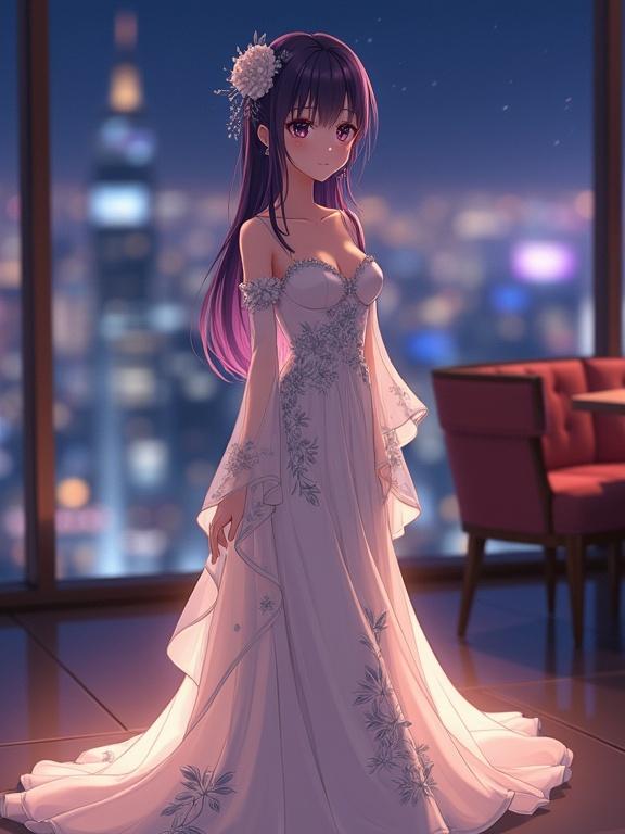 Anime woman with shoulder-length dark violet hair wears elaborate kanzashi and flowing gown. She stands gracefully in luxurious sky lounge at night. Gown features sheer sleeves and intricate floral patterns. The ambiance is elegant with a city view and soft lighting. High-quality fashion photography style.