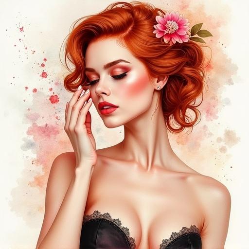 Watercolor of a beautiful red-haired woman with a serene expression. Soft lighting highlights color explosion in the background. Hair adorned with flowers. Dressed in a sexy, stylish outfit with elegance.