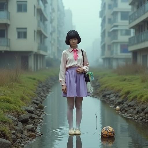 A figure stands at a small creek behind an apartment complex in Seoul. Wearing a satin blouse and lavender miniskirt with a pink ribbon. One hand clutching a convenience store bag. The other pokes a deflated soccer ball in the water. Expression is unreadable. A breeze lifts the skirt hem, revealing thigh-high stockings. The light is soft and gray through fog and apartment laundry above. Shot in vintage film style.