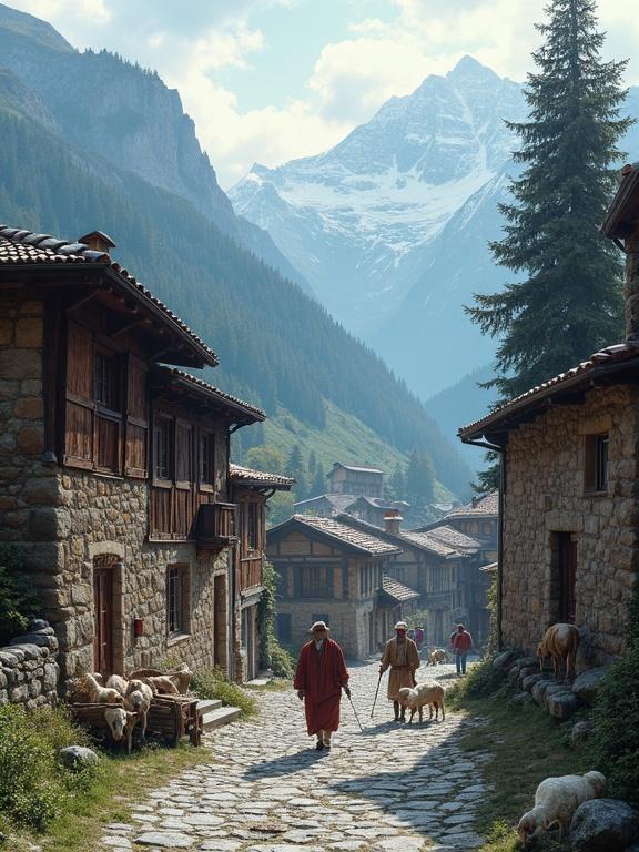 A mountain village scene during early morning. Signs of life include a shepherd with sheep. Distant bells and warm bakery light are present. Feature stone and wood architecture. Use a warm color scheme to show comfort of mountain life.