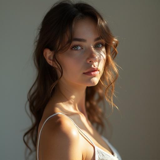 Portrait of a girl in a studio setting. Soft lighting enhances her natural beauty. Focus on her face and hair. Captures a realistic and dramatic look.