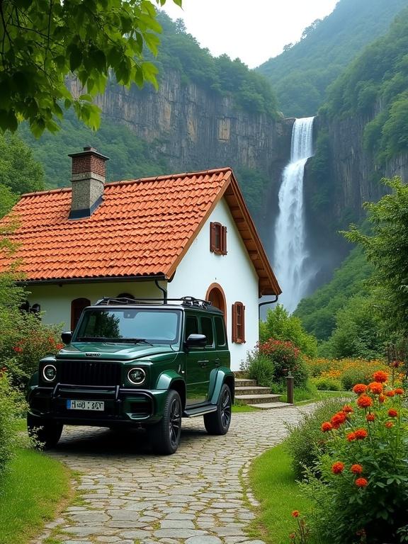 Scene featuring a dark green SUV parked before a quaint white house. The house has an orange roof. It is surrounded by lush greenery and colorful flowers. A charming stone pathway leads to the entrance. In the background, there is a majestic waterfall cascading down a verdant hillside. The scene displays a harmonious blend of nature and architecture.