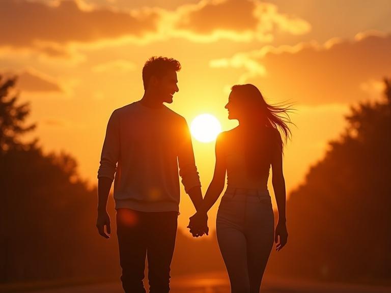 A couple walks hand in hand during sunset. They are smiling and enjoying a romantic atmosphere. The scene captures the beauty of golden hour with cinematic lighting and warm tones.