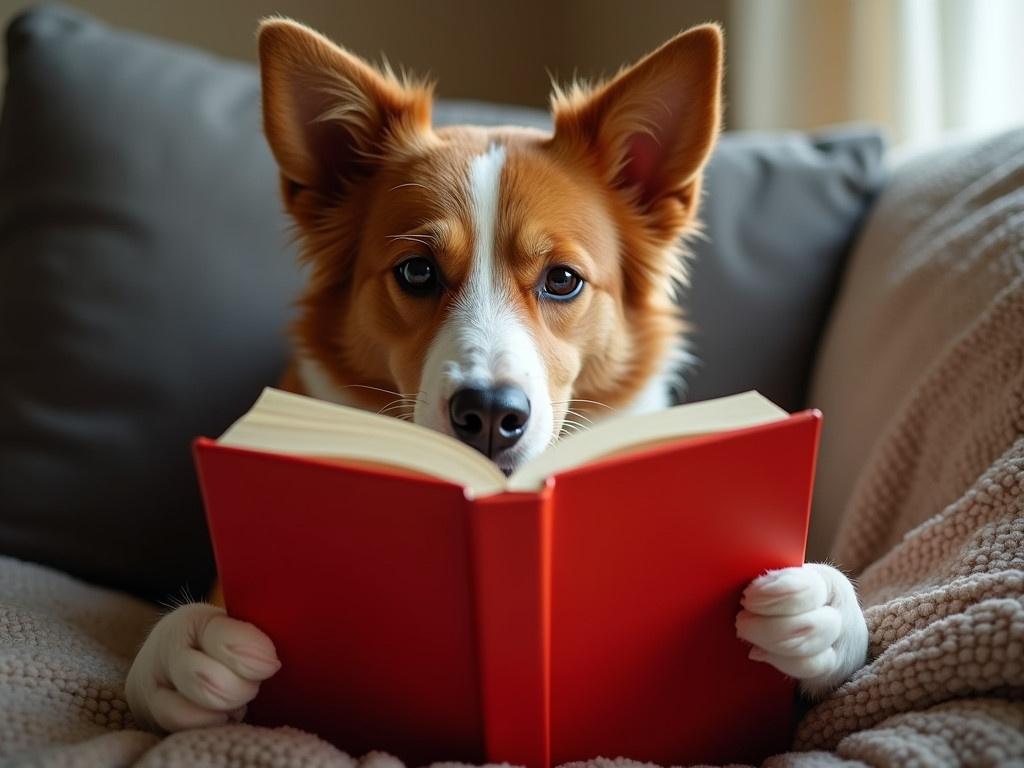 A dog is sitting comfortably, reading a bright red book. The dog has a keen expression, engrossed in the story. Its ears are perked up, showing its interest in the content. The room is softly lit, adding to the cozy ambiance of reading time. The dog holds the book with its paws, looking through the pages with curiosity and excitement.