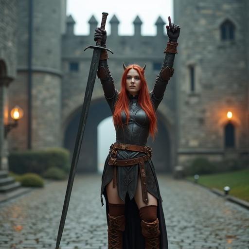 A 24 years old woman with red hair and pointed ears stands confidently in front of a medieval castle. She wears dark leather armor and holds a long steel sword above her head. The castle's cobblestone ground and lit archways create a dramatic backdrop. Full body portrait with a blurred background.