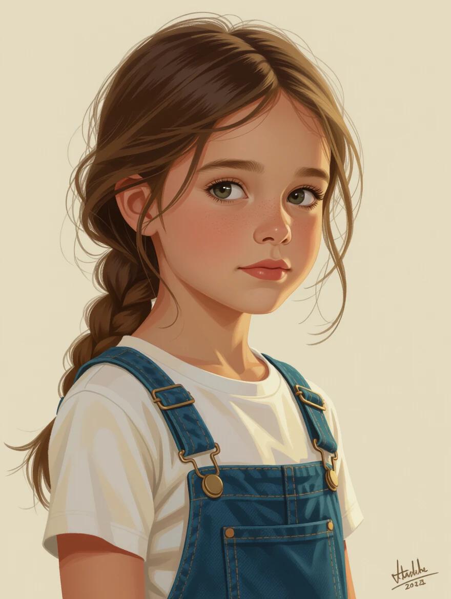 Digital artwork featuring a young girl. The girl has brown hair styled in a braid. She wears a white t-shirt with blue denim overalls. The background is a soft beige color. The artwork is highly detailed and has a painterly quality.