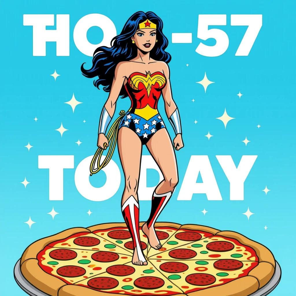 Wonder Woman stands barefoot on a large pizza. The background is bright blue with stars. Text reads HO-57 TODAY. The design is colorful and playful.