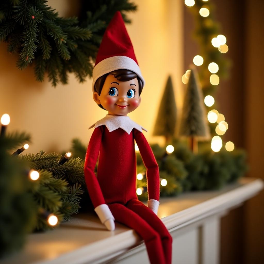 The image features a cheerful elf named Luca sitting on a mantel. He is dressed in a classic red outfit with a white collar and hat. Luca has a friendly smile that radiates warmth and joy. Surrounding him are festive decorations, including a lush green wreath and shimmering Christmas lights. The background is softly illuminated, fostering a cozy and inviting atmosphere.