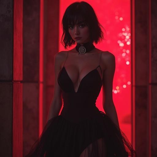 Motoko Kusanagi featured in an elegant evening dress at a vampire-themed ball illuminated by red lights.
