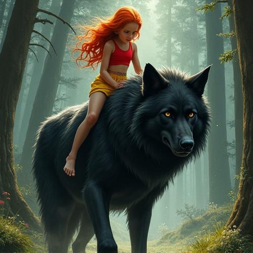 Little girl with fiery red hair rides a massive black wolf in a dense forest. She wears a red tank top and a yellow mini skirt. The wolf has glossy fur. Ancient trees surround them. Magical dust particles float in the air. Dark, mystical style influences include Frank Frazetta, Simon Stalenhag, and Loish.