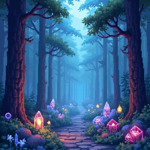 Pixel art of a forest filled with crystals and diamonds. Pathway leads into the forest, surrounded by vibrant flowers and glowing gems.