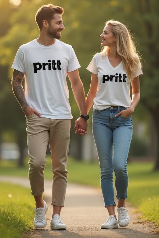 A couple walks hand in hand in springtime. The woman has blonde hair and wears casual clothing. She is walking with her boyfriend, an anthropomorphic glue stick with the word 'pritt' on it. They look in love and cheerful.