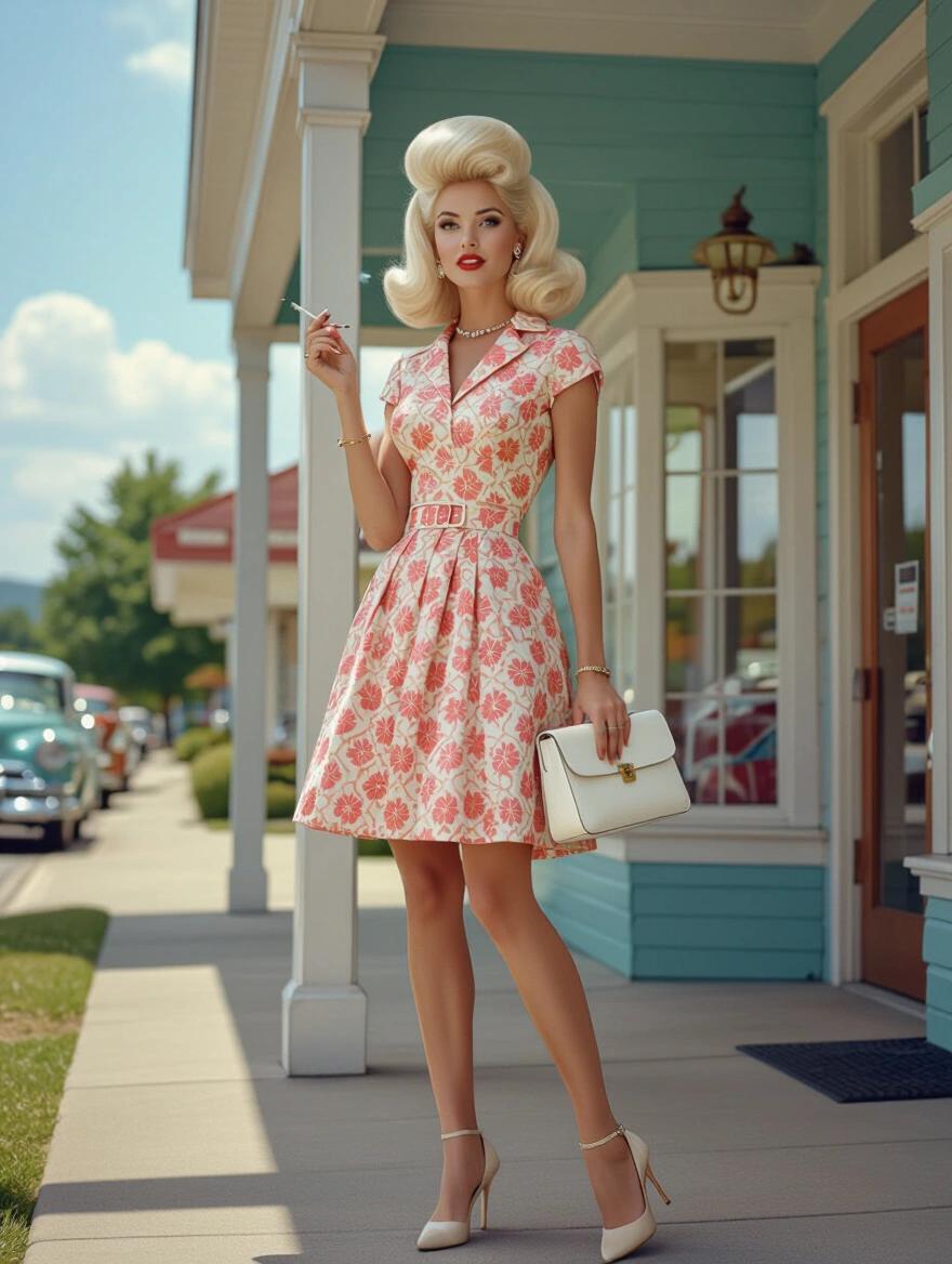 A 1960s woman with platinum blonde beehive hairstyle wearing a floral wiggle dress holds a cigarette and white purse. She showcases long legs in high heels while shopping in a small town country club atmosphere.