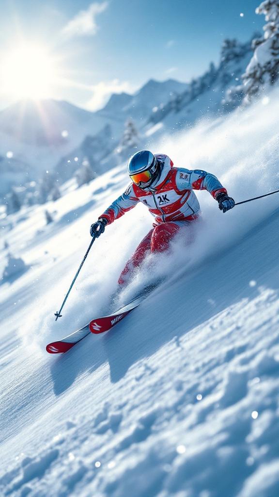 A downhill skier in a colorful suit maneuvers through snowy terrain. The action shot showcases the athleticism and agility of the skier. Bright daytime light enhances the scene. Snow is kicked up dramatically around the skier, creating a sense of motion and excitement.