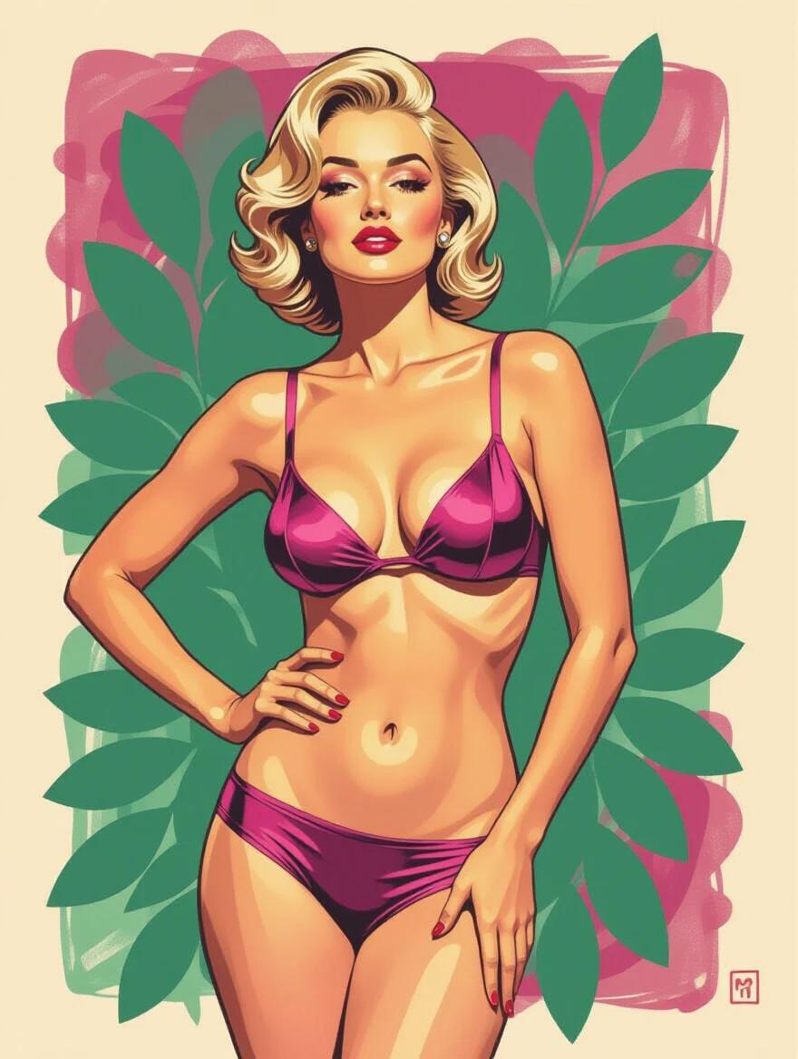 A glamorous illustration of a woman in a bikini. The artwork merges styles from Warhol and Matisse. The background features shades of green with magenta tones. The figure is highlighted against these colors.