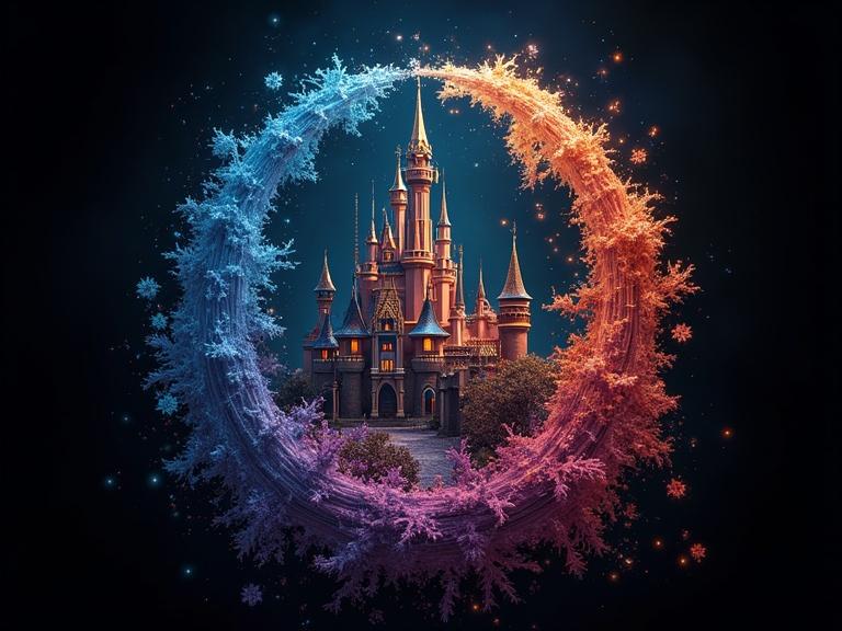 3D illustration of a Disney-style castle encircled by a glowing circular design. Black background enhances the vibrant colors. Magical winter theme with snowflakes.