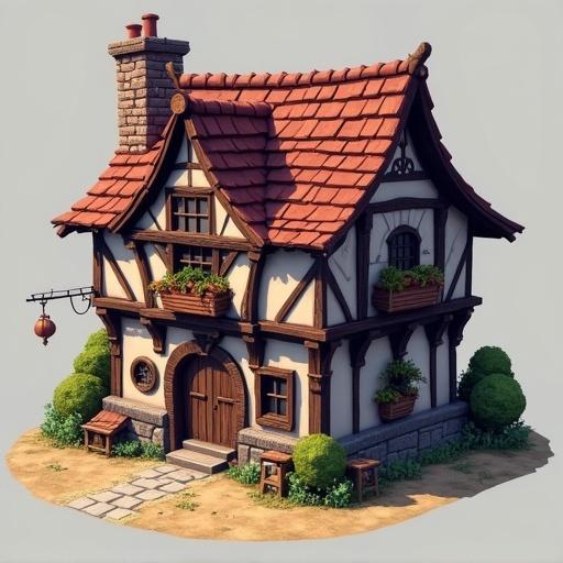 2D pixel art of a medieval tavern. Style from the 1600s with an exterior view. Features wooden beams and a steep roof. Decorative elements like flower pots and a stone path.