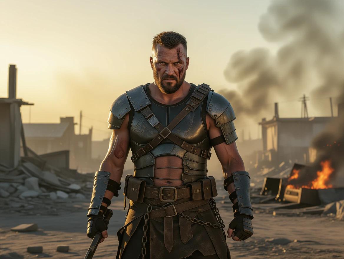 Dramatic cinematic portrait of a post-apocalyptic fighter. Ruined wasteland setting. Makeshift armor includes metal scraps leather and chains. Intense expression with dirt and sweat. Gritty atmosphere features broken buildings dust clouds and burning wrecks. Moody lighting creates harsh shadows warm tones. Dark cinematic style artwork includes high detail vivid colors and high contrast. Very large bold Cyrillic text "ЗВЯРА В МЕН" positioned in bottom third or center in an industrial font with high contrast colors.