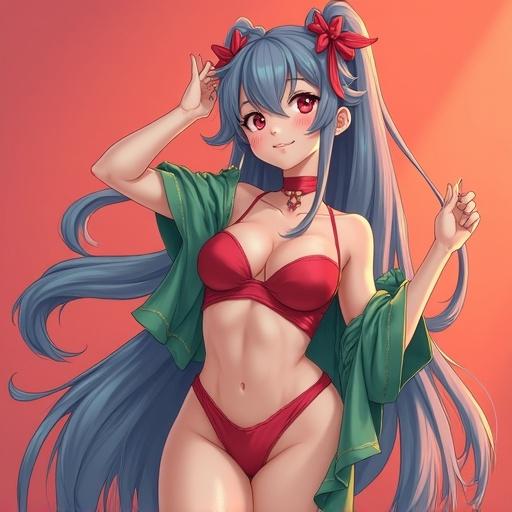Anime character in a playful pose. The character has long hair, wearing a bikini. Background is colorful with soft lighting.