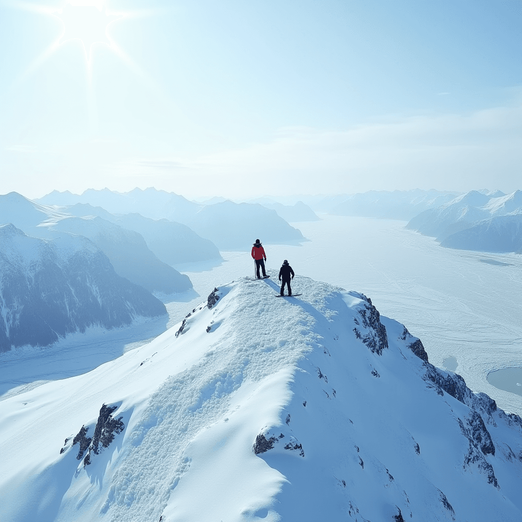 Two hikers stand atop a snowy mountain peak, overlooking a vast expanse of icy valleys under a bright sun.