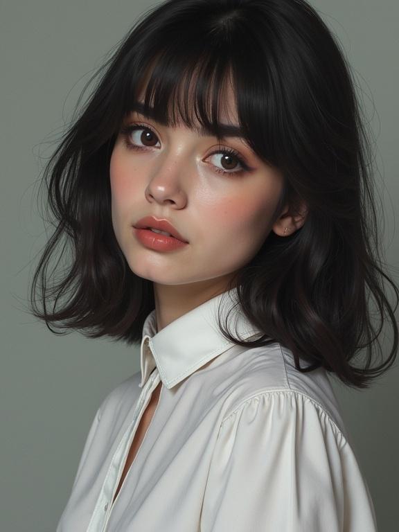 Portrait of a woman with dark hair wearing a white blouse. Detailed and realistic depiction. Soft lighting to enhance features.