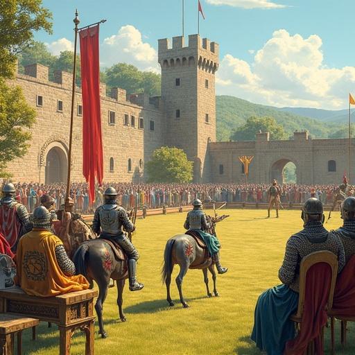 Illustration depicts a medieval jousting tournament in a grassy courtyard. High stone walls and a grand castle in the background. Knights in armor charge on horseback with lances. King and queen sit on thrones, observing the event. Warm golden colors, intricate details like stone carvings and tapestries. Style mirrors medieval illuminated manuscripts.