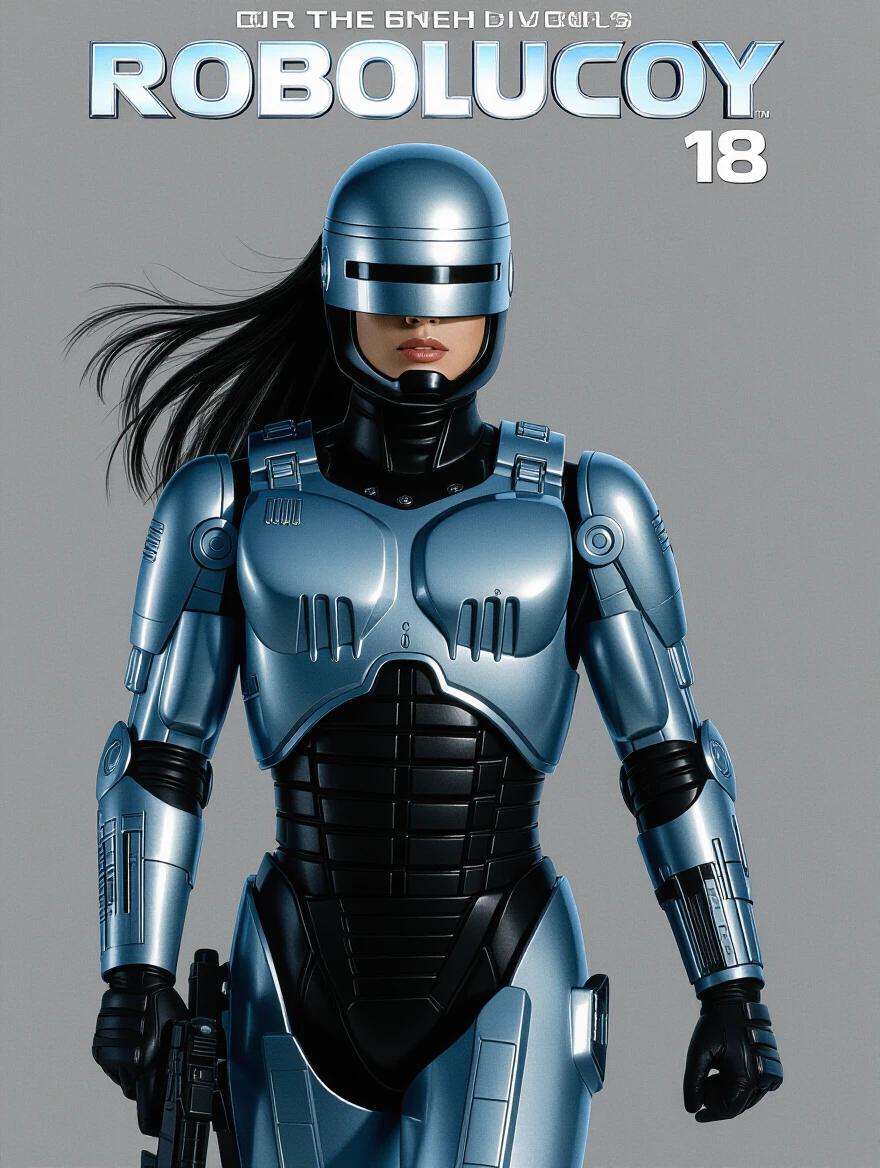 18 years old Robocop character with long black hair holding a gun. Center of the image. Walking in futuristic armor. Chrome helmet with visor. Gray background.