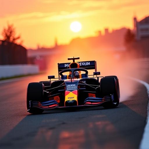 Motorsport photography featuring a Red Bull F1 car driving on a race track. The scene is vibrant with deep azure blue, red, and yellow colors under a warm toned dramatic sunset. Captured with a 35mm lens showing shallow depth of field and motion blur effects.