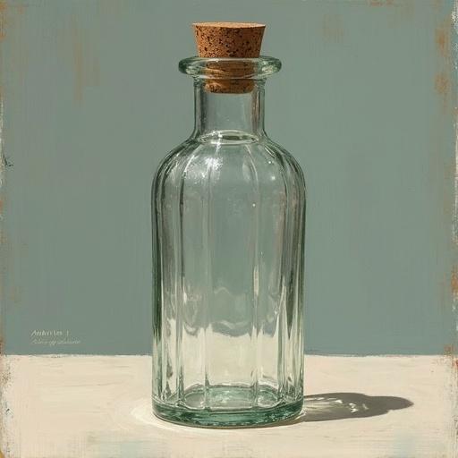 A small cylindrical bottle made of crystal glass with a cork stopper. The image is carefully composed, emphasizing the bottle against a simple backdrop. The style is reminiscent of works by Dorothea Lange and Alan Lee.