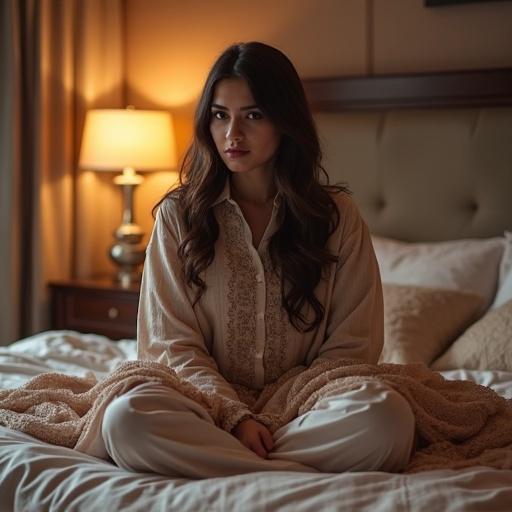Sad lady sitting on bed. Luxury bedroom setting. Woman in Pakistani shalwar qameez with dopatta. Emotional expression. Cozy atmosphere with warm lighting.