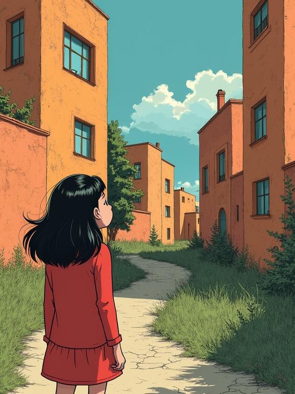 Illustration of a girl with black hair wearing a red dress standing in a pathway surrounded by orange buildings and greenery.