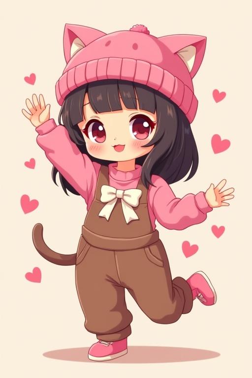 A cute girl with a pink cat ear hat wears a pink shirt and brown overalls with a white bow. She poses playfully with hearts surrounding her.