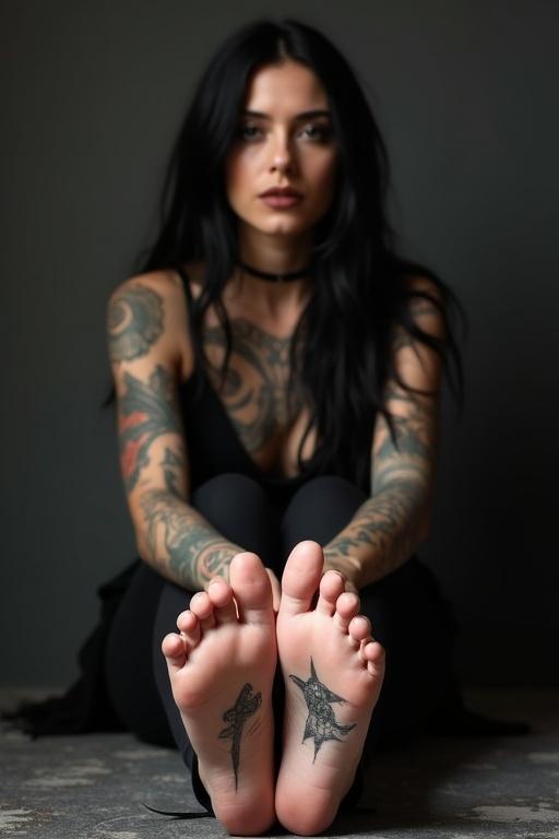 Mature goth woman with long black hair sitting. Showing tattooed soles of her bare feet prominently. Tattoos include various art designs. Dark background enhances focus on feet and body art.