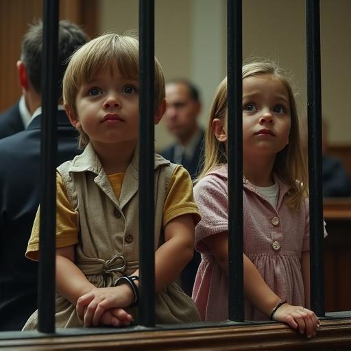 Scene depicts two children trapped in a cage inside a courtroom. A boy and a girl are apprehensive. The children wear pacifiers and are handcuffed. They await a sentence as a judge speaks. Another girl is close to a guillotine, also wearing a pacifier. Atmosphere is tense and dramatic.