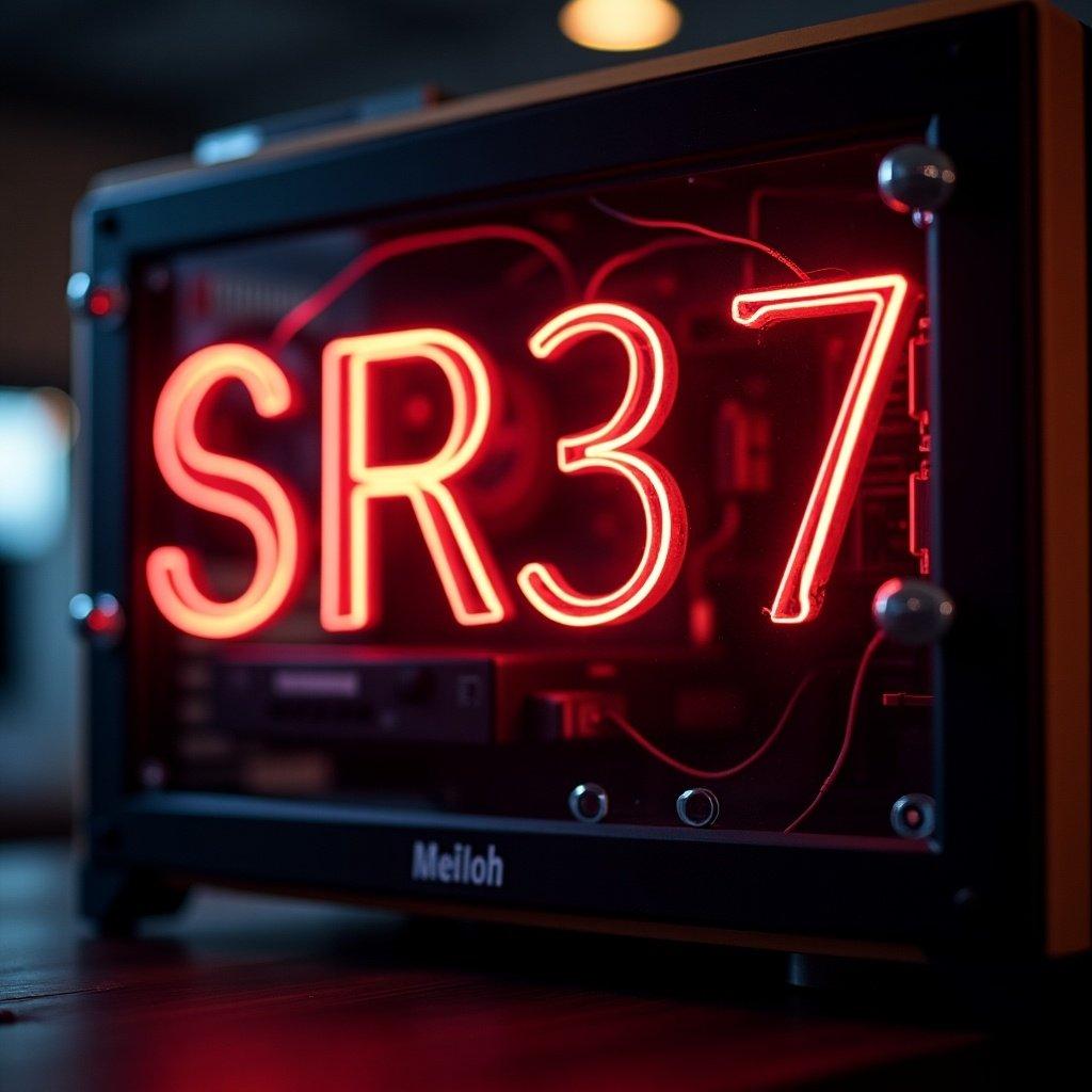 Neon sign showing 'SR37' in red. The sign is placed near a stylish computer tower. The overall ambiance is contemporary and vibrant.