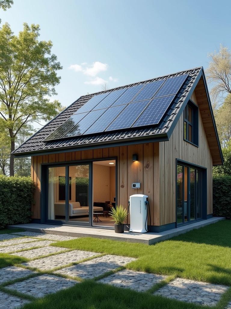 A modern house equipped with solar panels on the roof. The house features a charging station for electric vehicles next to it. The landscape includes a well-maintained garden with green grass and stone pathways. This scene represents advancements in sustainable living for the New Year 2025.