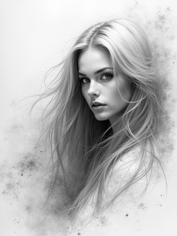 Intricate pencil sketch line art high quality featuring a graceful female portrait with flowing hair in a monochromatic style