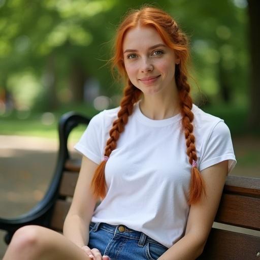 An Irish woman with red braided hair and blue eyes wearing denim shorts and a white t-shirt. The woman is sitting on a bench in Central Park. It is a warm summer day. The woman is slightly smiling. The scene is bright and cheerful.