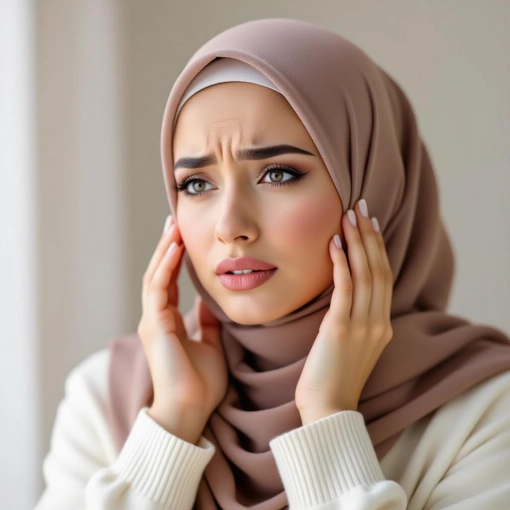 Arab woman wearing hijab expression shows feeling toothache. Light brown and white clothes worn. Concern seen on face. Soft natural light highlights features.