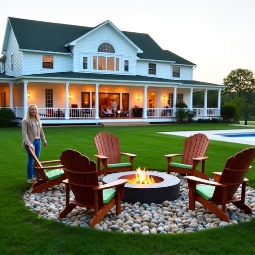 Photograph captures outdoor scene at dusk. Cozy backyard features circular fire pit with smooth stones. Surrounded by four wooden Adirondack chairs with green cushions. Two-story house in background with white siding and green roof. People on wraparound porch. Woman near fire pit in beige jacket and blue jeans. Lush green grass and swimming pool to right. Clear sky with gradient colors. Tranquil atmosphere for outdoor relaxation.