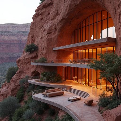 Modern luxury hotel built into a red rock canyon features mirrored glass facade. Hotel integrates with surroundings creating an invisible illusion. Soft amber lighting at night highlights structure. Anchored to cliff with a steel exoskeleton. Cantilevered terraces and infinity pools extend over the abyss. Glass-bottom observation decks and sky bridges connect levels. Entrance is a tunnel into stone leading to a grand lobby with 360° view.