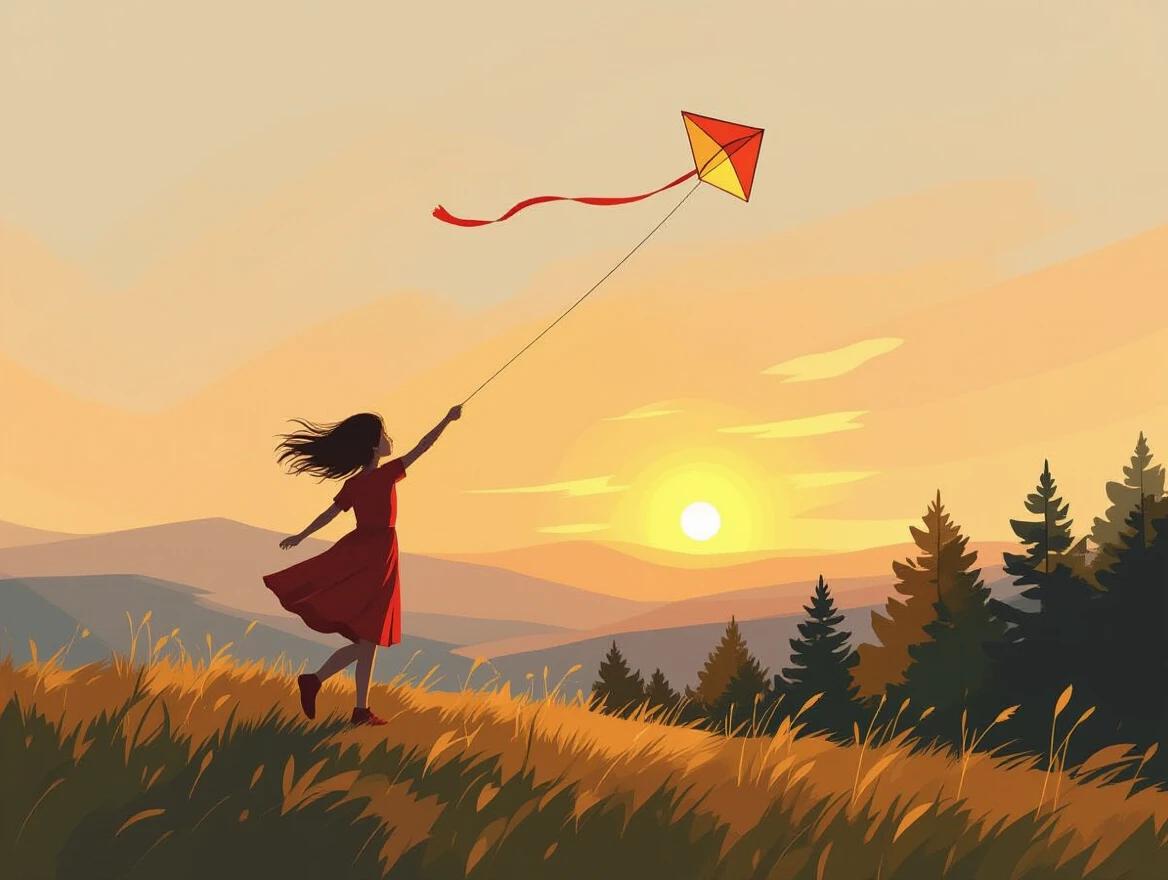 Abstract painting showing girl flying kite on hilltop during sunset. Girl wears a red dress. Wind blows through her hair. Trees are background elements. Soft golden lighting creates a warm atmosphere.