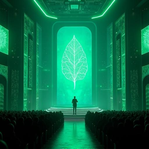 A futuristic mega-conference hall with an emerald glow. A single speaker stands on an elevated podium center stage. Towering screens display a glowing leaf symbol with circuitry. The audience is seated in symmetry, illuminated by ambient light. Circuit patterns climb the walls. The atmosphere is charged with anticipation.