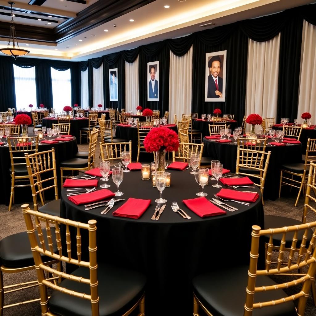 The image depicts an elegant banquet room designed for a formal event. The room features 50 round tables adorned with black table linens and vibrant red napkins. Each table is embellished with stunning centerpieces of red roses, creating a warm atmosphere. Gold Chiavari chairs surround the tables, adding a touch of sophistication. Black and white photographs of African American graduates are displayed on the draped black curtains, highlighting achievements and cultural significance.