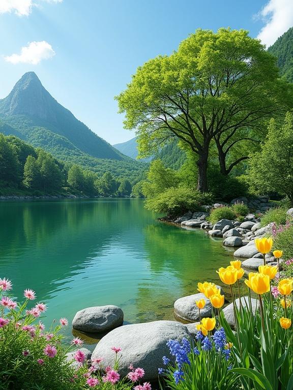 A serene lake with clear green water surrounded by gray boulders. Lush green landscape with dense trees and a prominent cone-shaped mountain. Bright blue sky with scattered clouds. Clusters of colorful flowers, including yellow tulips and pink star-like flowers. A large tree with a broad canopy.