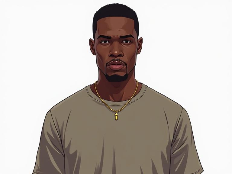 A digital illustration of a black male character directly facing the camera. Full frontal view with bright light. The character wears a solid color t-shirt with no accessories. The background is solid white. Created in Grand Theft Auto style.