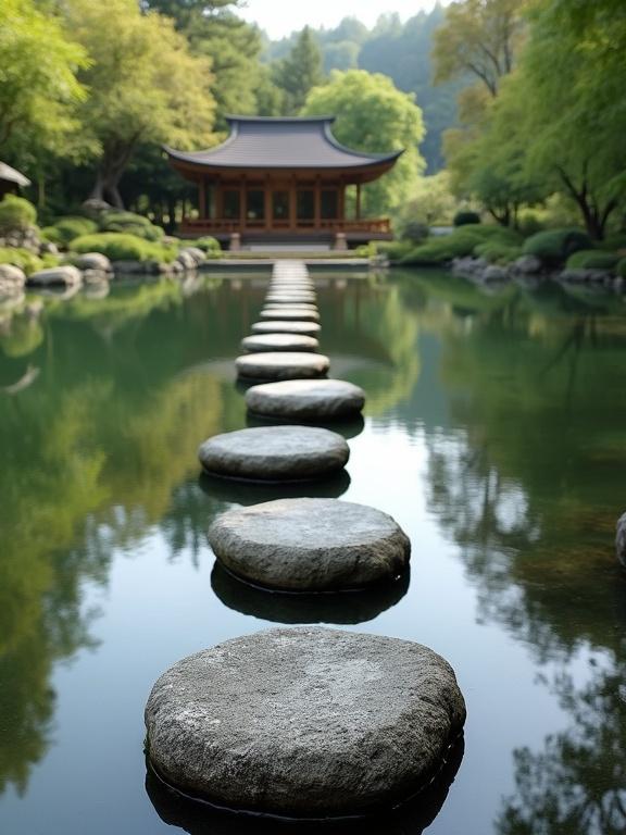 Stepping stones across a tranquil pond leading to a tea house. Calm water reflects surrounding greenery. Landscape features soft lighting and serene atmosphere.