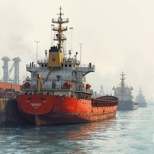 Industrial port of Le Havre in watercolor style by Moebius. Outline drawn with pencil. Container ship in the distance. Light fog present. Reflections visible in the water.